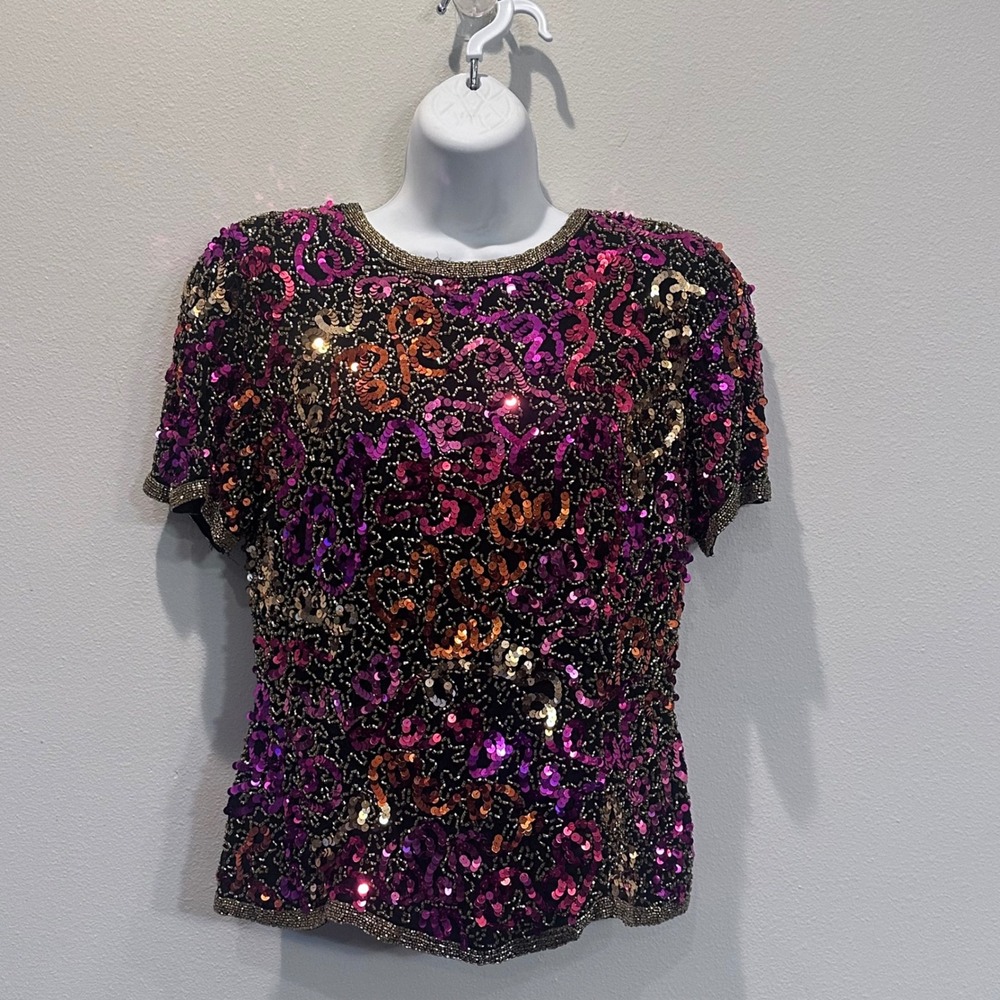NITE‎ LIFE VNTG Beaded Sequin Silk Top Women's M Short Sleeve Evening Party Glam